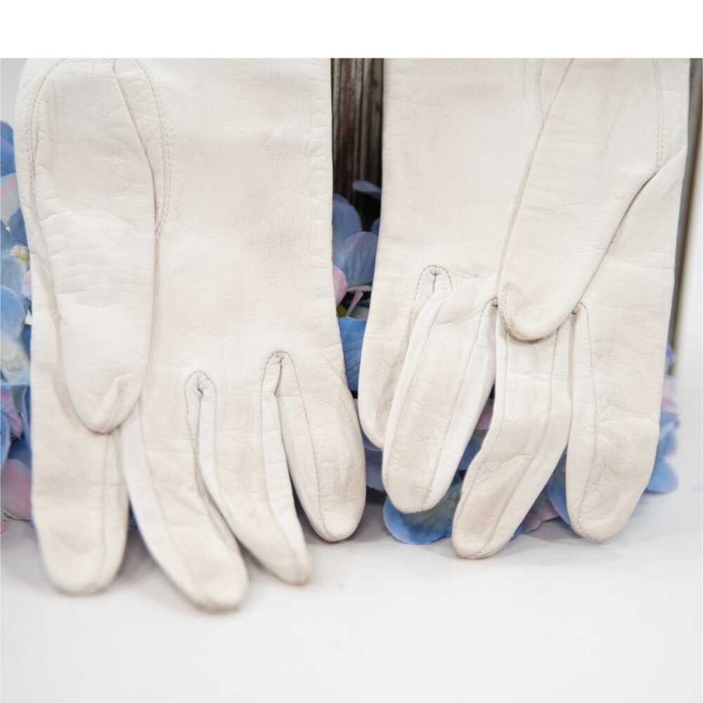 Antique 1940s Vintage Butter Soft Ivory French Leather Silk Kid 11" Gloves Sz 7 - Picture 4 of 7